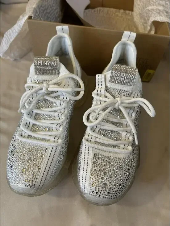 Steve Madden Maxima-R White Rhinestone Fashion Slip On Sneaker - Picture 3 of 13